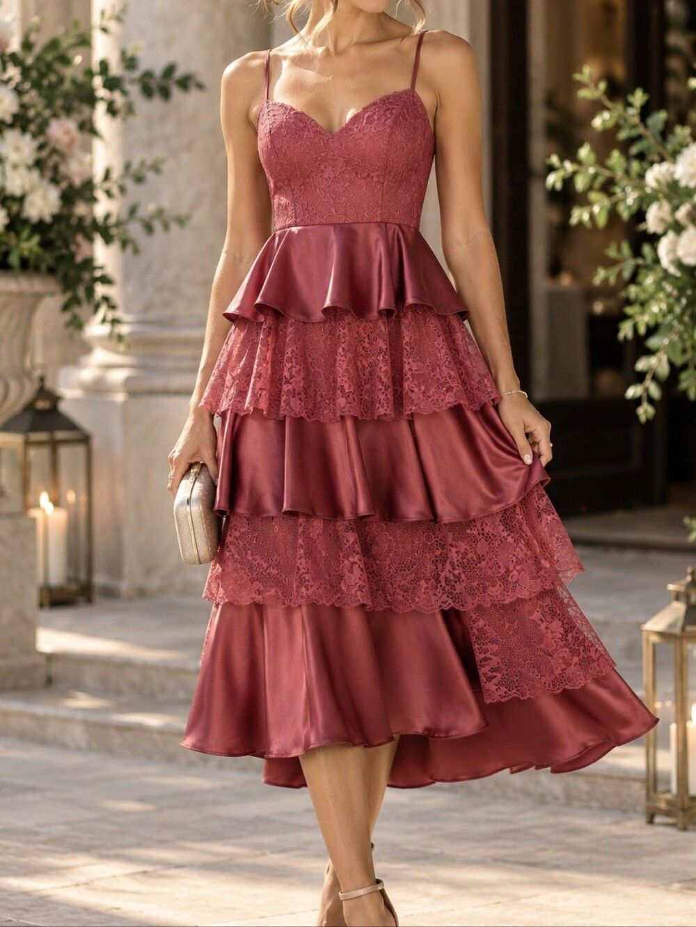 Lulus Deanna Rusty Rose Lace Satin Tiered Midi Dress L Romantic Coquette NWT